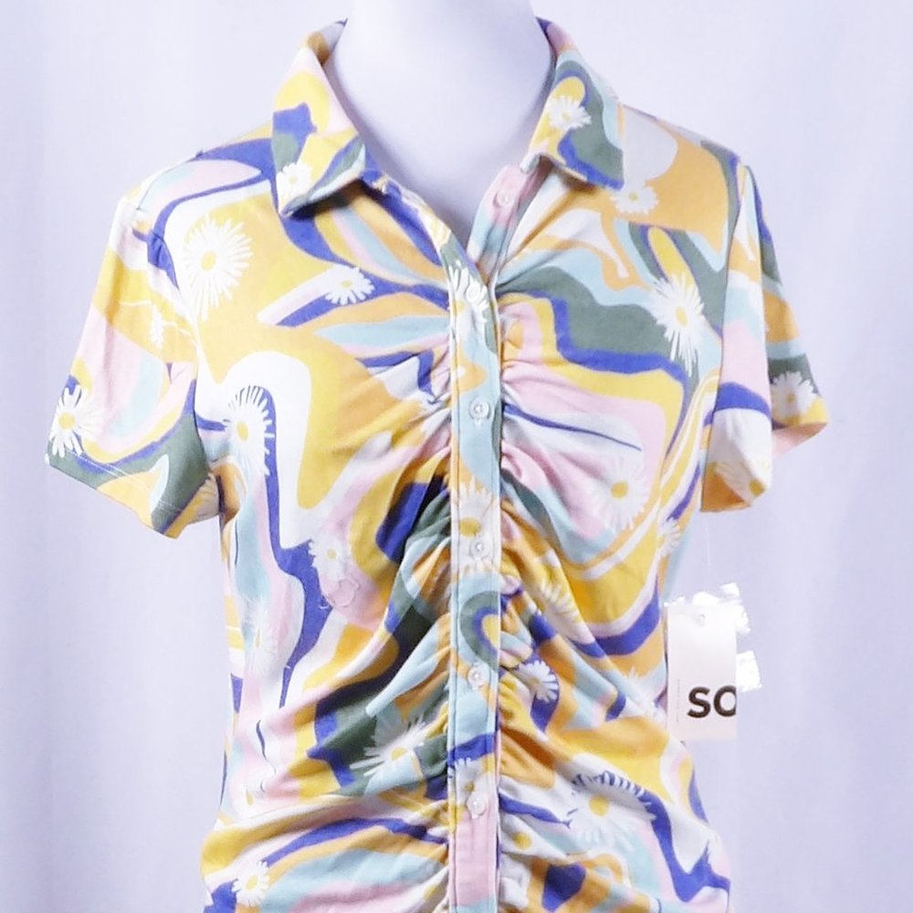 SO Ruched Button Down Juniors Bodycon Dress Retro Look Floral Print NWT - Picture 4 of 8